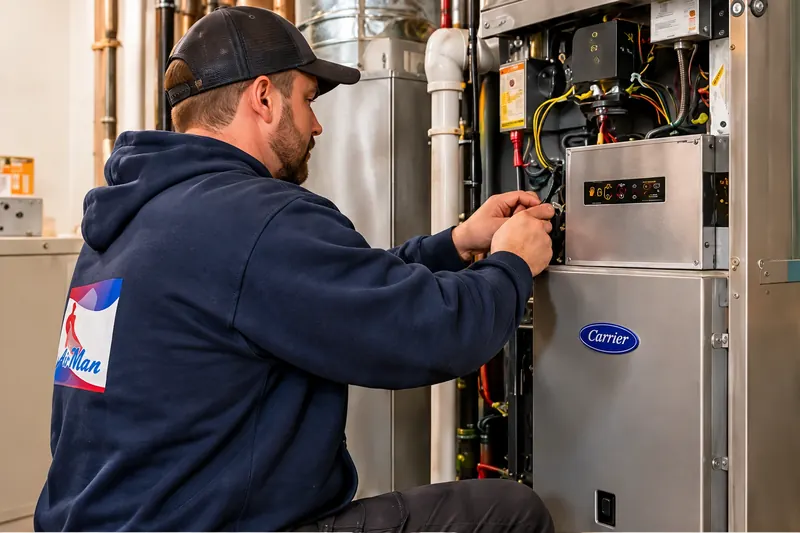 Air Man technician servicing a furnace
