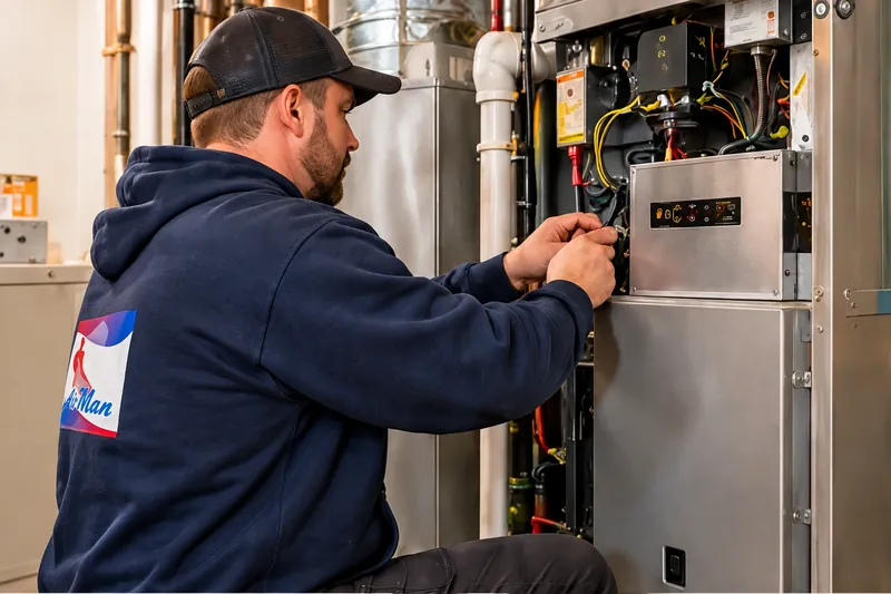 Air Man technician maintaining a heating system