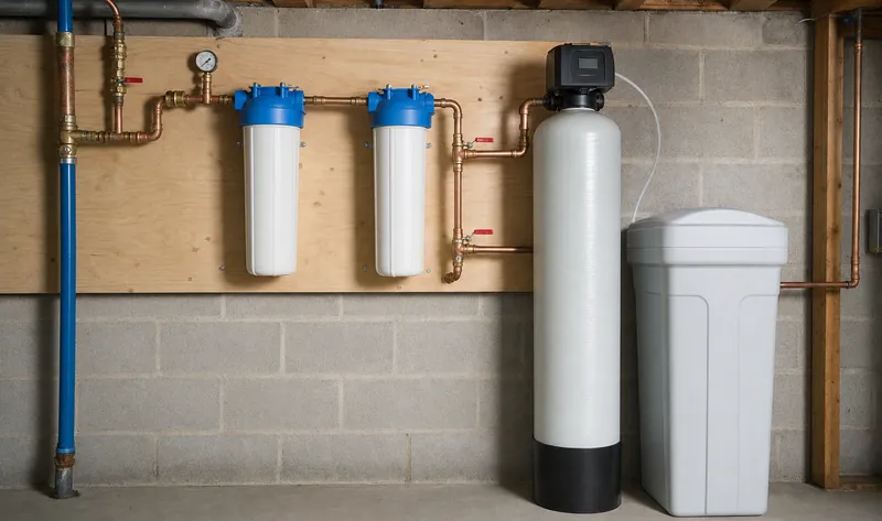 Whole-house water filters and water softener in a basement