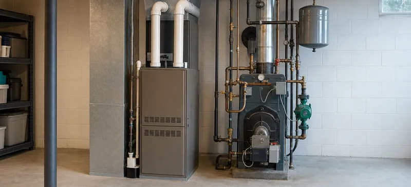 Gas furnace and boiler in a home basement