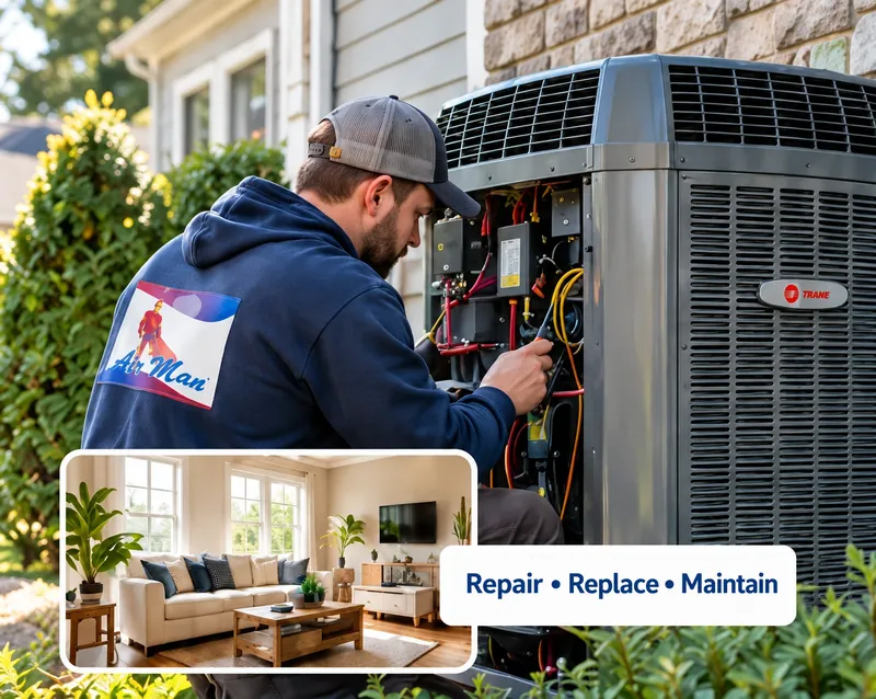 Air Man technician servicing an outdoor air conditioning system