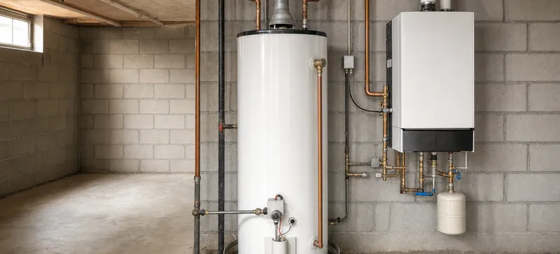 Tank and tankless water heaters in a home basement